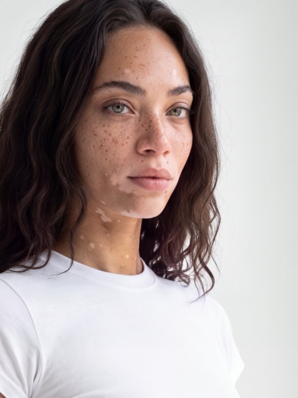 Our fixed model in a white tee, head and shoulders
